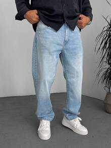 leev 直筒牛仔裤，棉质斜口袋水洗牛仔布，个性百搭宽腿水洗牛仔布，情侣装宽松直筒版型