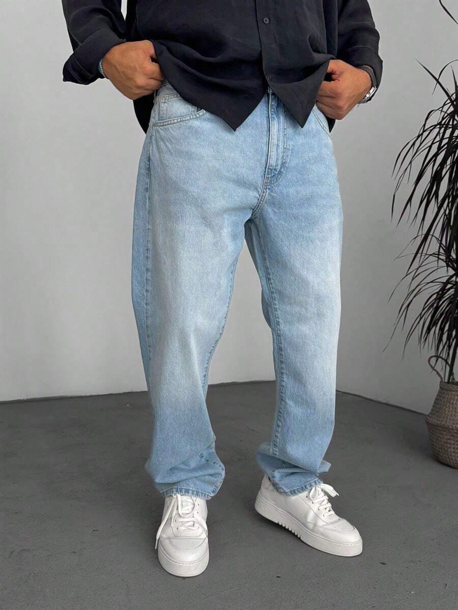 leev 直筒牛仔裤，棉质斜口袋水洗牛仔布，个性百搭宽腿水洗牛仔布，情侣装宽松直筒版型