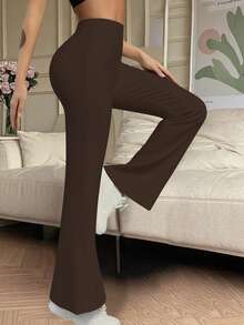 Women's Solid Flare Leg Leggings, Tight Fitting Base Layer Pants, Flared Pants For Autumn/Winter, Suitable For Running, Casual, Compression Yoga Pants With High Waist - Brown - View 2
