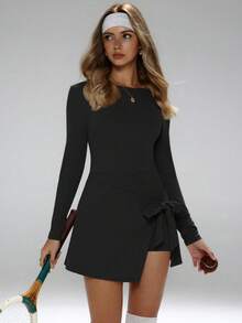 FWH Women's Sports Dress, With A Round Neck And Long Sleeves, A Tie Bow Detail At The Waist, A Slim Fit, Elastic Waistband And A-Line Silhouette, Highlighting The Waist While Shaping The Hips, Moderate Functionality, And Versatile Wear, Seamlessly Transitioning From Professional Settings To Yoga Classes, Black Spring - màu đen - Xem 7
