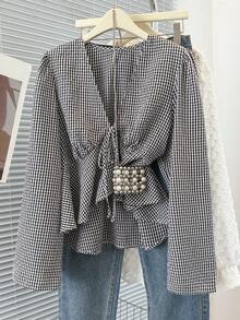 Selcouth Plus Size Women Elegant Patterned Plaid Bowknot Collar Ruffle Hem Fitted Flare Sleeve Long Sleeve Shirt, Versatile Top For Autumn - Black and White - View 3