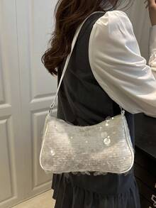 Túi xách nữ đa năng đính sequin hình lưỡi liềm kim loại màu trơn thời trang, túi tote, túi đi biển, túi đựng điện thoại thường ngày thời trang đính sequin - Màu be - Xem 5