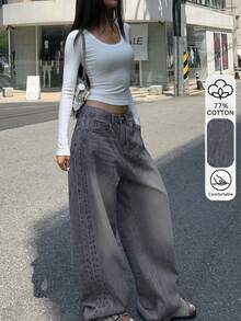 Straight Leg Light Gray Washed Jeans, American Casual Denim Style, Loose Wide Leg, Women's Fashion Spring/Summer Outfit - Light Grey - View 8