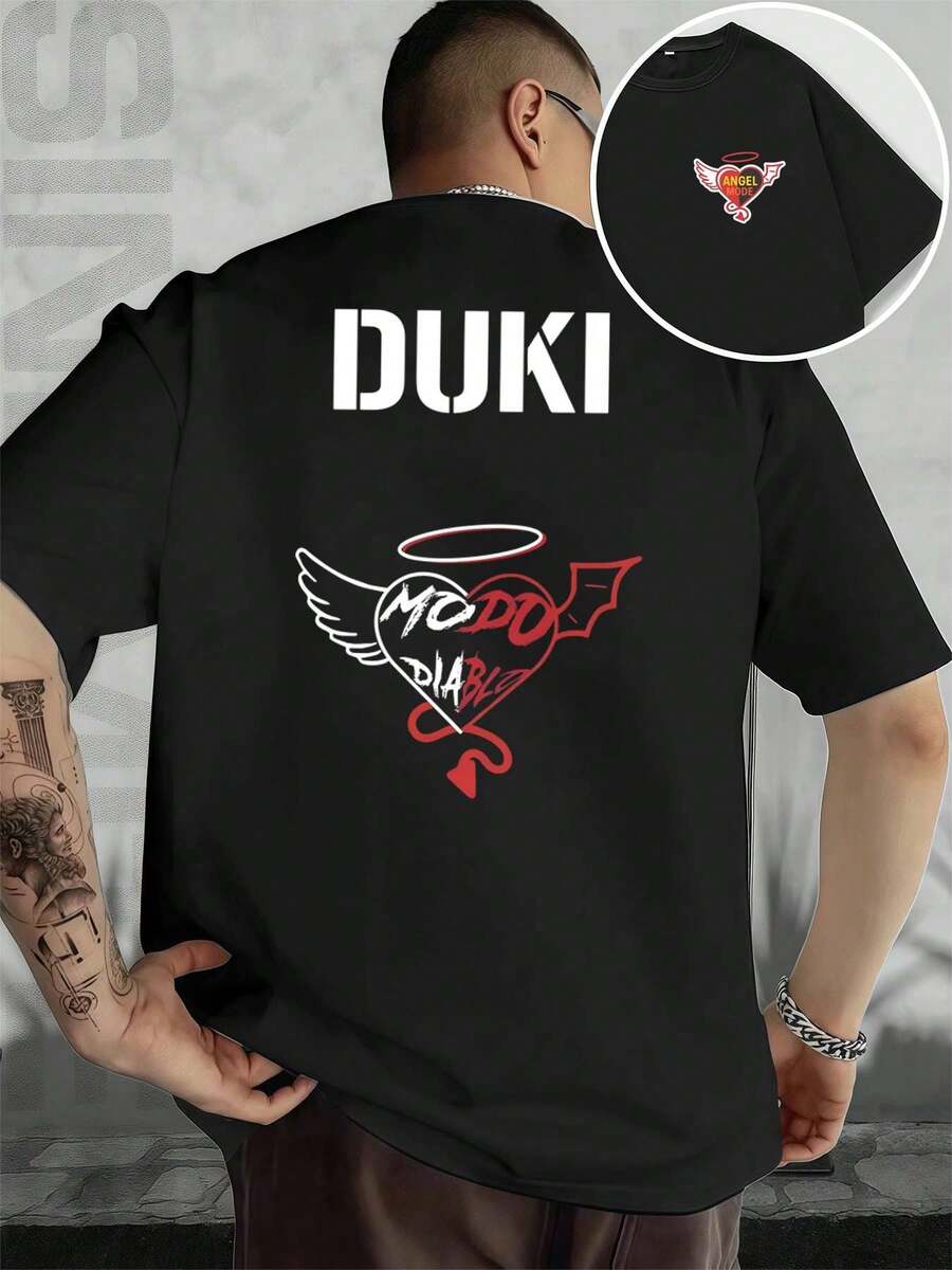 Black Duki Graphic T-Shirt For Men, Herren-T-Shirt Mit Beidseitigem Aufdruck, Modisch, L?Ssig, Rundhalsausschnitt, 220 G/M2, Reine Baumwolle (1 Stück) - 黑色 - 查看 1