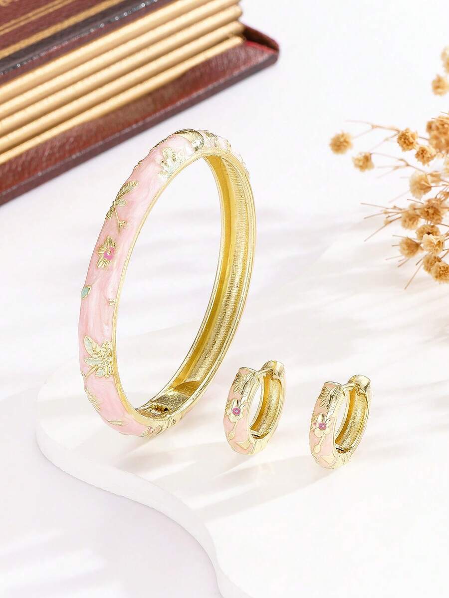 一套时尚新款镀金花卉珐琅手链、项链和耳环,适合女孩和女士佩戴 - 粉色 - 查看 1