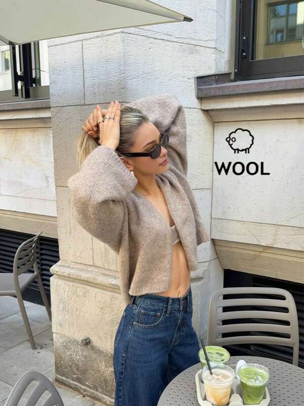 Women Autumn And Winter New Oatmeal V-Neck Long-Sleeved Knitted Cardigan, Elegant, Casual Loose Cardigan, Daily, Holiday, Dating, Graduation, Back To School