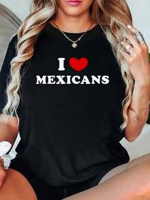Cotton Unisex Graphic T-Shirt I Love Mexicans, I Heart Mexicans T-Shirt Vintage Casual Shirt Women's Graphic Tees - Black - View 1