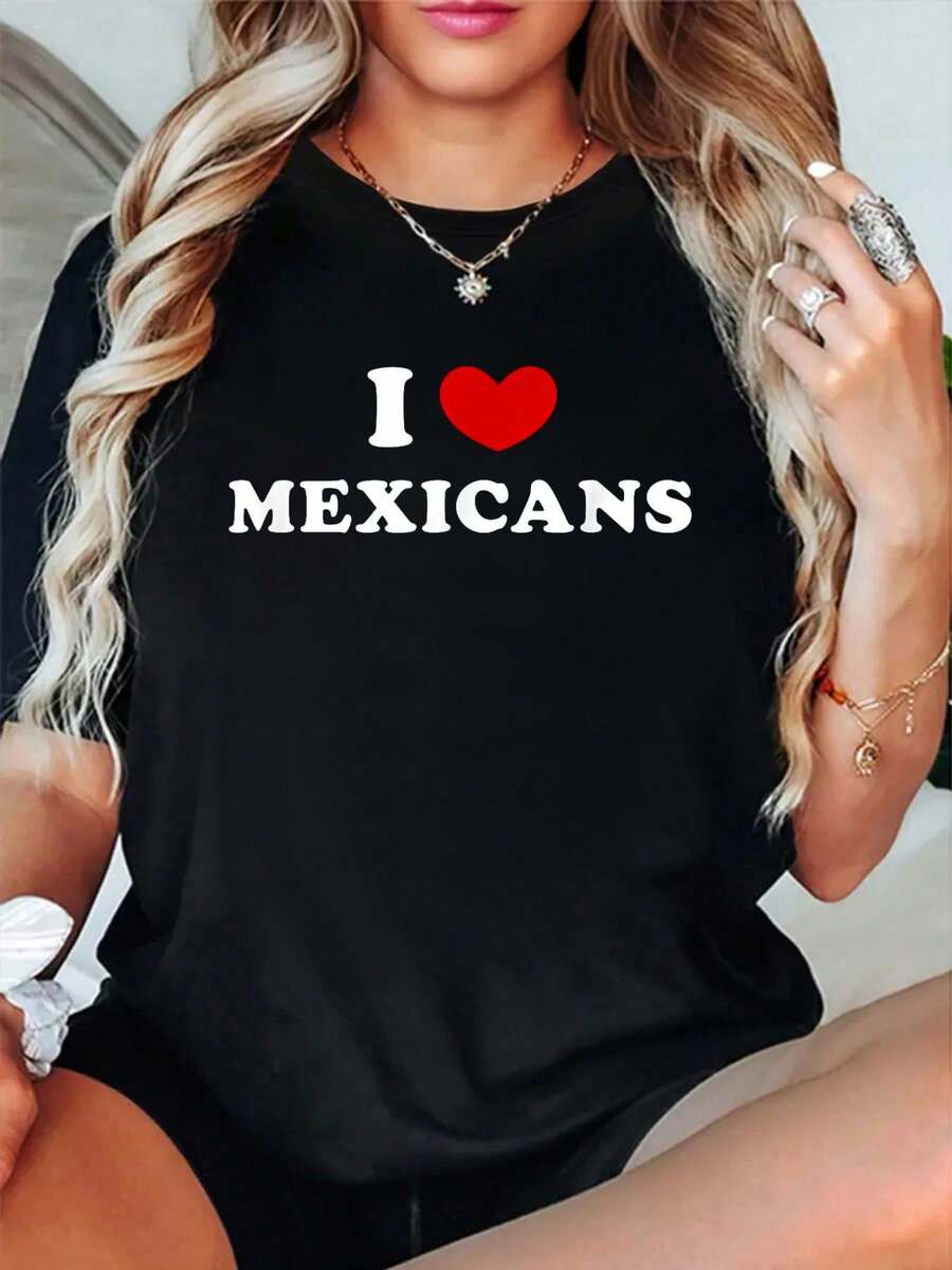 Cotton Unisex Graphic T-Shirt I Love Mexicans, I Heart Mexicans T-Shirt Vintage Casual Shirt Women's Graphic Tees - Black - View 1