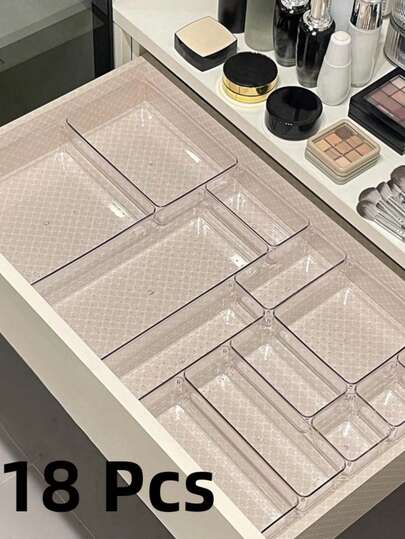 18 piezas Bandeja de almacenamiento de escritorio de plástico transparente, Juego de acabado de cajón, Caja de almacenamiento de cosméticos, Adecuado para almacenar cosméticos y joyas, Se puede usar en baños y para colocar artículos pequeños, También se puede usar en dormitorios y oficinas, Para vacaciones, playa, colección de baño, colección de dormitorio, gran capacidad