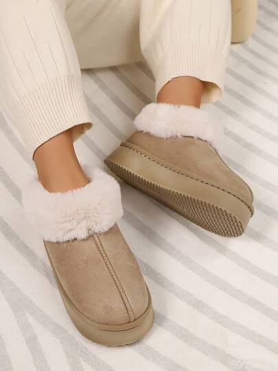 女士毛绒绒面革冬季靴，超舒适羊毛衬里和厚实平底，温暖舒适的室内休闲小屋鞋