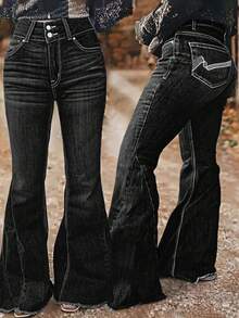 Quần jeans nữ ống loe cạp chun thêu họa tiết, viền tua rua, kiểu dáng đa năng, màu đen, thích hợp cho mùa xuân. - màu đen - Xem 1