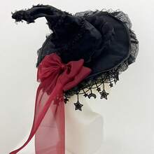 Women Halloween Gothic Witch Hats Lace Bow Personality Pointed Cap Cosplay Wizard Caps - Red - View 4