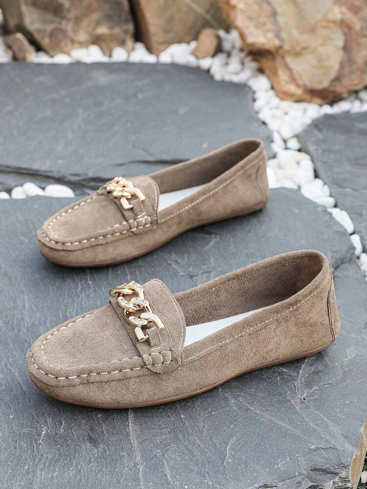 Women's Spring New Arrival Chain Loafers, Soft Leather Penny Loafers Slip-On Flat Shoes - Mocha Brown - View 6