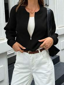 FOR BEAUTY Autumn And Winter New Solid Color Round Neck Zipper Knitted Cardigan Women's Top, Gentle Korean Elegant Casual Loose Lazy Style Versatile Suitable For Go Out Commuting Sweater Coat Autumn Women's Clothing New Year