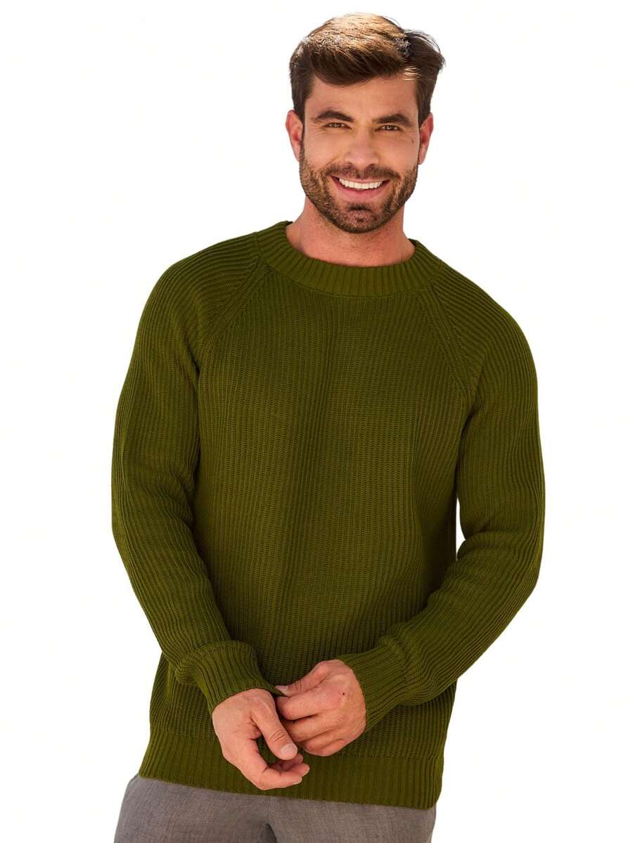 Baronesa Tricot Men's Ribbed Knit Sweater Premium Casual Boat Neck Sweater - Army Green - View 1