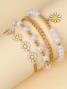 Juego de 4 piezas de nuevos brazaletes dorados con perlas, brazaletes bohemios creativos con margaritas para playa para niñas - Unitalla - Ver 1
