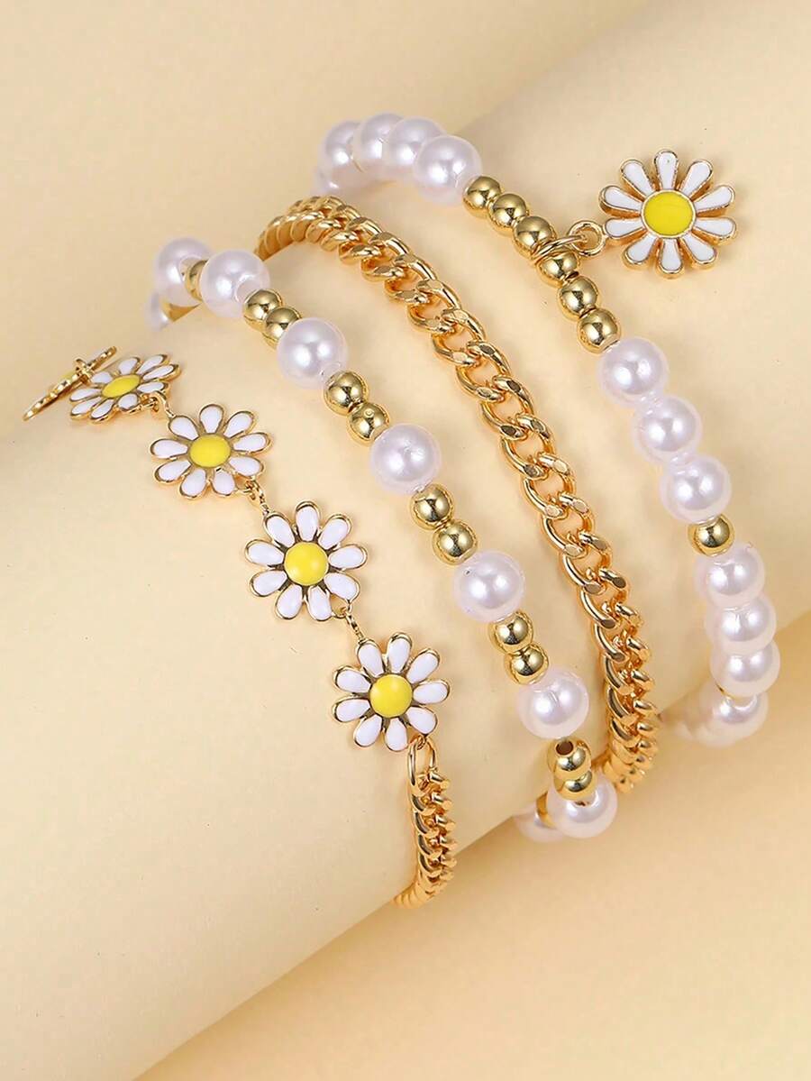 Juego de 4 piezas de nuevos brazaletes dorados con perlas, brazaletes bohemios creativos con margaritas para playa para niñas - Unitalla - Ver 1