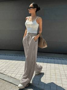 Wide Leg Striped Elastic Palazzo Pants With Pockets - Black - View 6