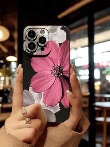 Flower 1pc Fashionable Floral Print Perforated Straight Edge Black Painted Anti-Drop Phone Case Compatible With IPhone 16/11/16pro/16plus/16promax/16e/15Promax/13/14/12/XS/XR/7G/8P, Compatible With Samsung Galaxy 11/12Pro/12/12X/13Pro/14Pro/15Pro/X3pro/, Compatible With Redmi 10/9/Note9/12c/Note11pro/Note8Pro/9C/9a, Anti-Drop Phone Protective Case