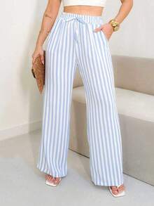 Wide Leg Striped Elastic Palazzo Pants With Pockets - 淺藍色 - 查看 4