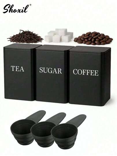 shoxil 1 pieza Juego de frascos de almacenamiento de cocina, latas de almacenamiento de alimentos con tapas y cucharas, frascos de almacenamiento de cocina blancos/negros, recipientes de almacenamiento de alimentos, cajas de almacenamiento de cocina a prueba de agua con tapas cuadradas para hojas de té, botes de almacenamiento de hierro con etiquetas grabadas, adecuados para café, té, azúcar, organización de cocina, comedor, sala de estar, sala de té, regalo para amigos y familiares, regalo del Día Nacional de Arabia Saudita