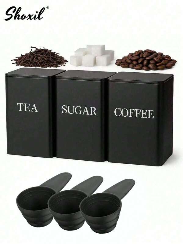 shoxil 1pc Kitchen Storage Canister Set, Food Storage Tin Cans With Lids And Spoons, White/Black Kitchen Storage Jars, Food Storage Containers, Waterproof Kitchen Storage Boxes With Lids Square Tea Leaf Cans, Iron Storage Canisters With Engraved Labels, Suitable For Coffee, Tea, Sugar, Kitchen Organization, Dining Room, Living Room, Tea Room, Gift For Friends And Family, Saudi Arabia National Day Gift