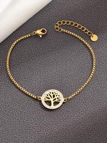 Pulsera de acero inoxidable con estilo de luz de lujo blanco europeo con diamante y diseño de árbol de la vida, adecuada para uso diario - Amarillo Oro - Ver 4