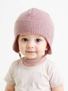 1 pezzo Cappellino con paraorecchie per neonati, berretto lavorato a maglia di colore unito adatto per neonati maschi e femmine, per autunno/inverno/primavera, per proteggere testa e orecchie dal freddo