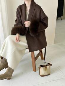 Women's Double-Sided Faux Fur & Wool Blend Coat - Shawl Collar, Tie Waist, Classic Casual, Suitable For Autumn/Winter - Brown - View 7