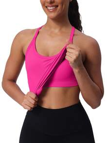 Workout Tank Tops For Women Built In Shelf Bras Padded -Racerback Athletic Tank Tops Ribbed Yoga Shirts - 野莓色 - 查看 1