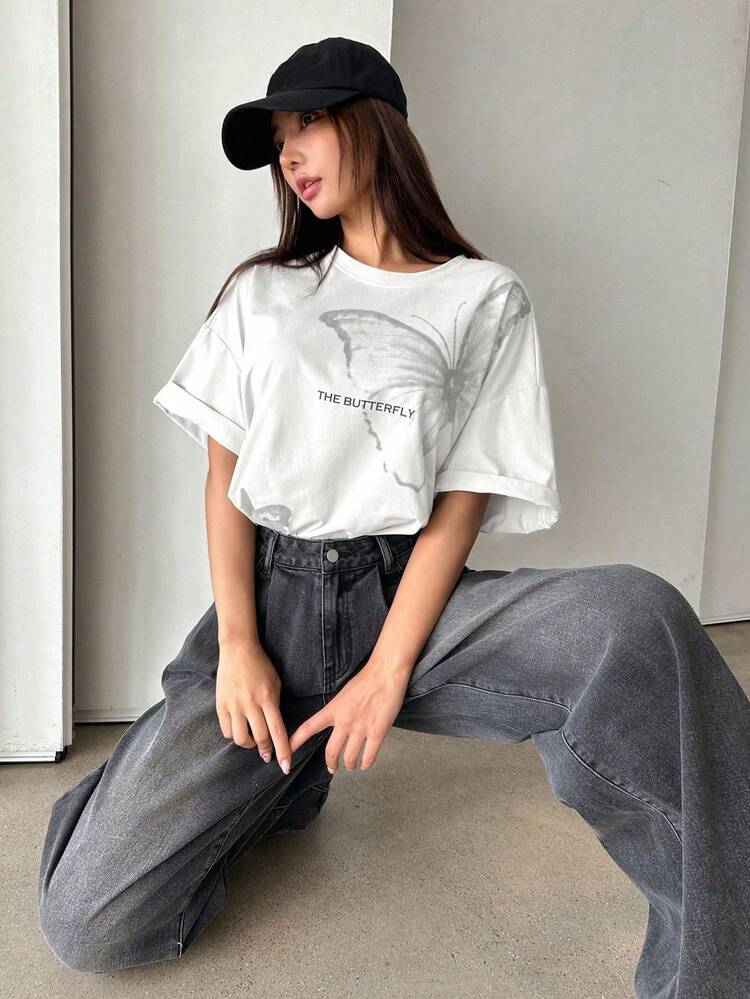 Mujer casual estampado mariposa gráfico holgado cuello redondo manga corta primavera verano uso diario camiseta - Blanco - Añade 3