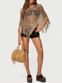 Women Y2k Summer Stylish Off Shoulder Crochet Shirt With SequinTassels See Through Pullover Tops Hollow Out Fishnet Knit Shirt Going Out Shirt Streetwear Boho Chic Outfit - 卡其色 - 查看 2