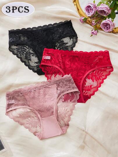 3pcs/Pack Sexy Women's Lace Trim Sheer Panties, Romantic & Alluring, Mesh Design, Black, Red, Pink, Comfortable & Breathable, Suitable For Various Occasions