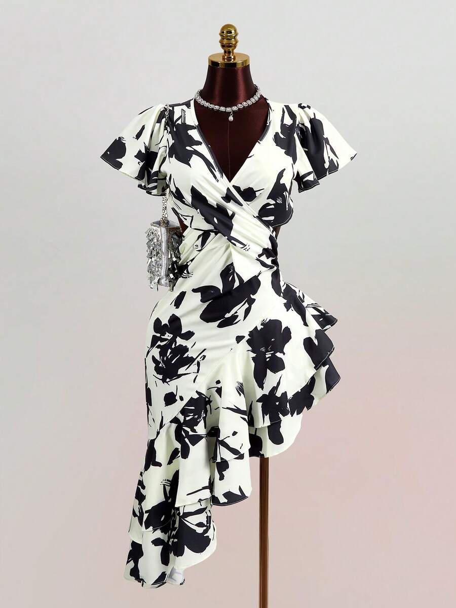 Elegant Women's Printed Medium Length Dress, V-Neck Short Sleeved Design, Asymmetrical Ruffle Edges And Wrap Details, Suitable For Garden Parties, Brunch Dates, Vacation Photography, Wedding Guests Or Holiday Celebrations