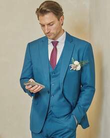 Men's Slim Fit 3 Piece Suit, One Button Solid Blazer Business Party Jacket Vest Pants Sethalloween - 藍色 - 查看 4