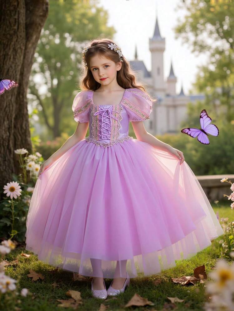 Young Girl Halloween Party Long Hair Embroidered Mesh Tulle Princess Dress, Suitable For Girls Birthday Gift, Holiday Dress, Formal Gown, Prom, Runway Show Performance