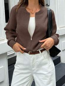 FOR BEAUTY 春秋新款纯色圆领拉链针织开衫女装，柔软韩版优雅休闲宽松慵懒风，适合外出和通勤，春季女装新年款 - 茶咖 - 查看 2