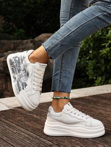 White Shoes College Style Round Toe Women's Casual Shoes Printed Flat Heel Thick Bottom Heightening Shoes Casual Sports Shoes Women's Shoes - Màu be - Xem 11