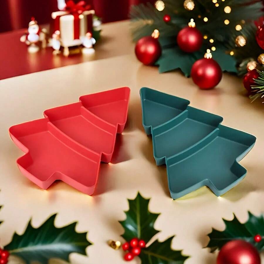 Bandeja de aperitivos en forma de árbol de Navidad, plato de fiesta con compartimentos, fiesta navideña, cocina, oficina - Caja de almacenamiento de plástico resistente para caramelos, galletas, nueces - Almacenamiento de encimera que ahorra espacio, decoración de caramelos navideños, bandeja dividida