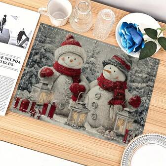 1/4/6/8/12/300 st. julsnögubbe, julgran, retro lykta mönster digitalt tryck polyester, 12*18 tum tjocka bordsunderlägg - tvättbara linneserviser, lämpliga för högtidsfester, dekoration med hemmamats atmosfär, hotellbankett högtidsdekoration.