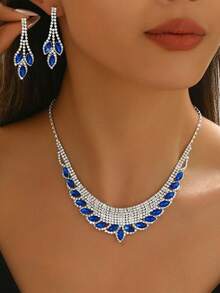 3pcs Luxury Fully Rhinestone Necklace & Earrings Jewelry Set, Bridal Wedding Gown Party Accessories - Multicolor - View 5