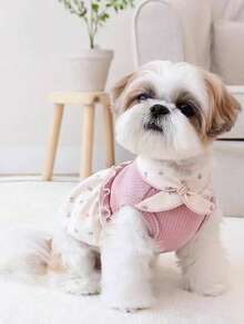 1 pieza Vestido para mascota, vestido sin mangas con estampado floral romántico con bufanda, cálido y lindo, adecuado para perros pequeños como poodle, teddy, bichón frisé, para todas las estaciones