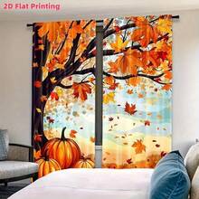 قطعتان من ستائر أوراق القيقب والقرع الخريفية لعيد الشكر، ستائر زخرفية خريفية، معلقة على قضبان، توفر الخصوصية، ستائر مطبوعة، من مادة البوليستر، مناسبة لمشاهد الديكور المختلفة في غرفة المعيشة والمطبخ والنوم