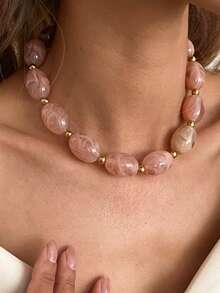 1pc Bohemian Geometric Asymmetrical Beaded Resin Chain Necklace, Luxurious Casual Party Women's & Couples' Wedding Holiday Versatile Metal Jewelry Gift - Necklace - View 8