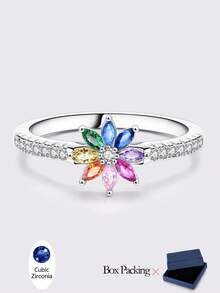 1pc Fashionable & Elegant Colorful Crystal Flower Ring - Silver - View 8