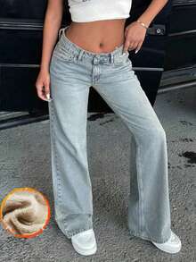 Quần jeans ống loe cạp thấp có lót giữ nhiệt dành cho bé gái tuổi teen, thời trang dạo phố, thu/đông - Rửa nhẹ - Xem 8