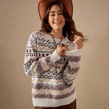 Wildy 女式宽松几何图案圆领落肩长袖休闲毛衣，秋冬装，长袖上衣 - 彩色 - 查看 7