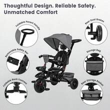 Kinder King Kids Tricycle, 7 In 1 Folding Toddler Trike W/Adjustable Push Handle, Rotatable Seat, Adjustable Canopy, Safety Harness, Storage, Toddler Stroller Bike, Gray - 灰色 - 查看 5