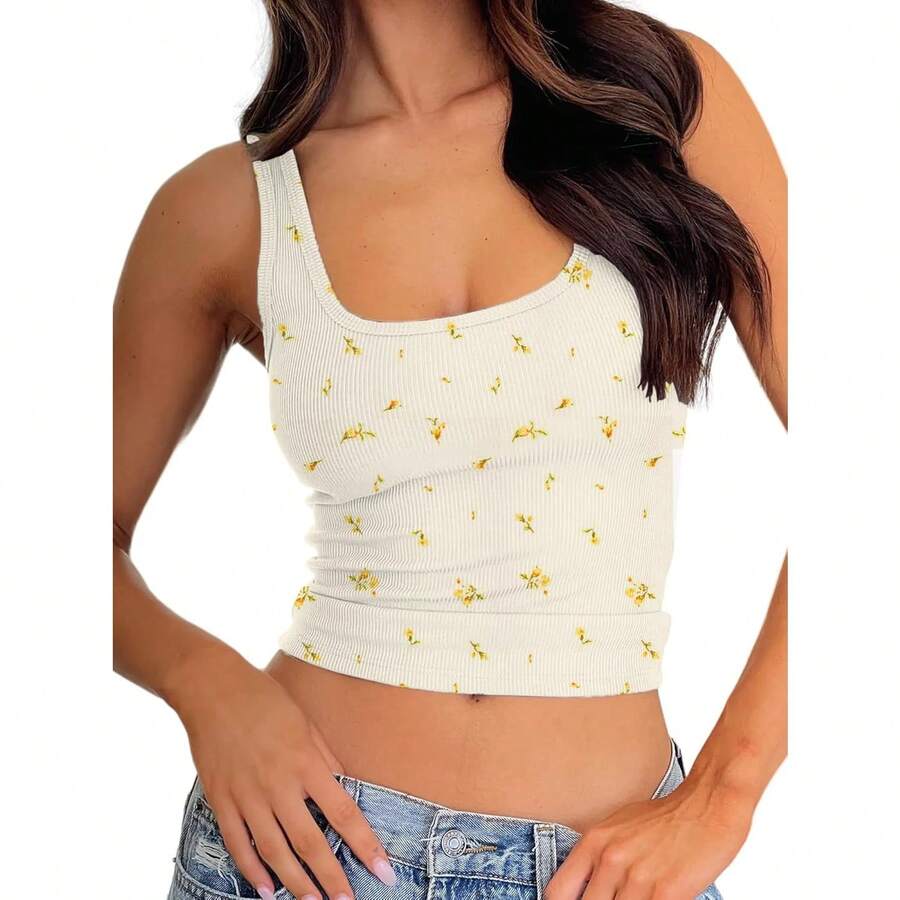 Camiseta de tirantes acanalada para mujer con acolchado, top de entrenamiento de cuello cuadrado, top corto ajustado, camiseta básica de tipo cami - Capullo de rosa de caléndula - Ver 1