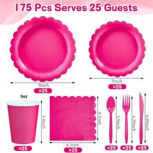 [100/175 Pieces Lace Dinner Plate Set]Lace Disposable Dinner Plates And Napkins, Pink, Blue, Green, Purple, White, And Rosy Red Dinner Plates, Party Supplies Set, Including Main Dinner Plates, Snack Plates, Paper Cups, Paper Napkins, And Knives And Spoons, Used For Garden Parties, Christening Showers, Weddings, Birthdays, Graduation Seasons, Afternoon Teas And Other Themed Parties, Disposable Tableware Set, Party Tableware Sets, Party Decorations, For Up To 25 Guests Use.The 100pcs Set Includes Dessert Plates, Dining Plates, Napkins, And Paper Cups, Without Cutlery. The 175pcs Set Includes Dessert Plates, Plates, Napkins, Paper Cups, And Cutlery Spoons/Knives/Forks.① 175pcs Set Includes: 25pcs Main Dinner Plates + 25pcs Snack Plates + 25pcs Paper Cups + 25pcs Paper Napkins + 25pcs Dinner Knives + 25pcs Dinner Forks + 25pcs Dinner Spoons  ② 100pcs Set Includes: 25pcs Main Dinner Plates + 25pcs Snack Plates + 25pcs Paper Cups + 25pcs Paper Napkins - 玫紅色 - 查看 8